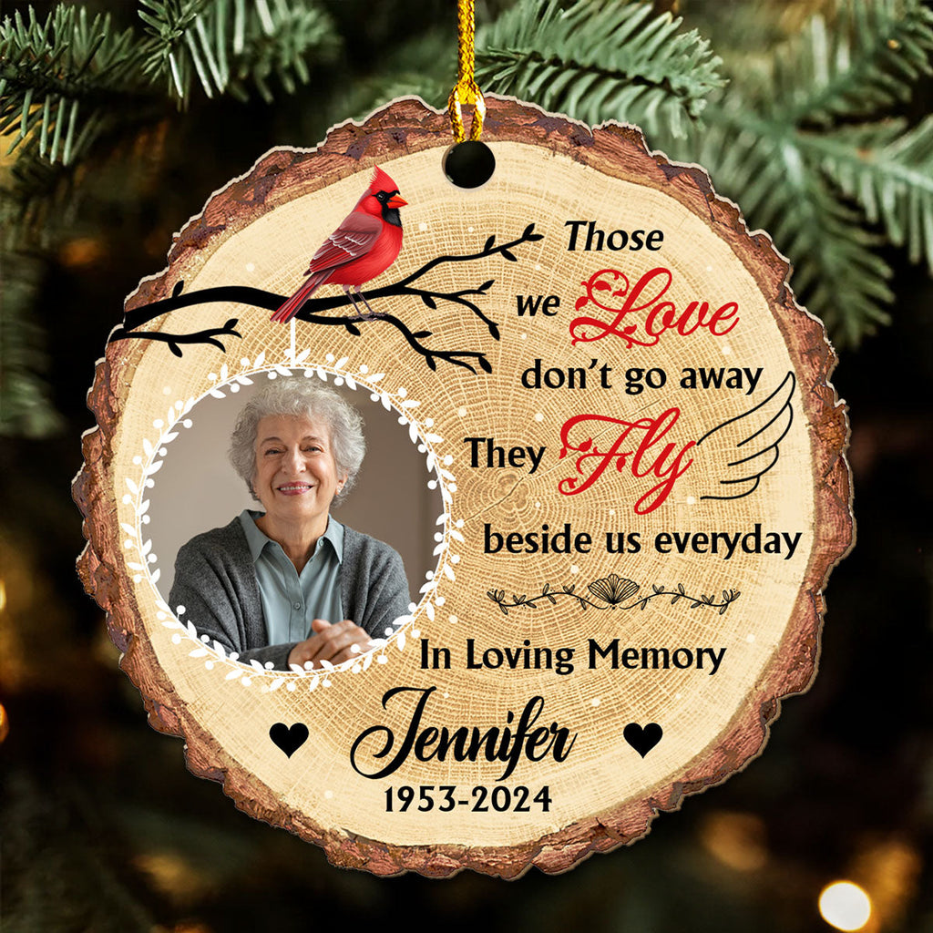 Custom Photo Memorial Christmas Ornament, Sympathy Keepsake • You Fly Beside Us - Personalized Wood Ornament