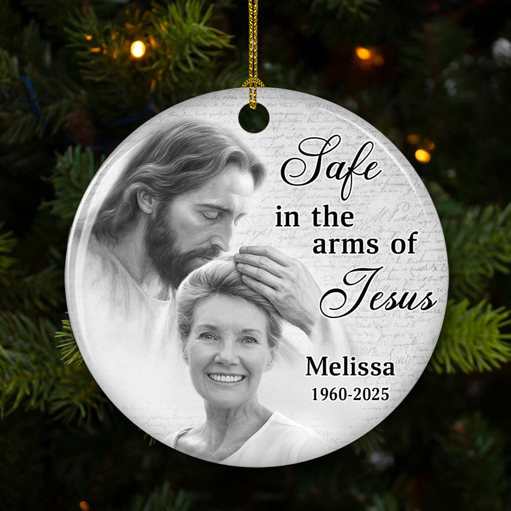 Custom Photo Memorial Christmas Ornament, Sympathy Keepsake • Safe In His Arms - Personalized Ceramic Ornament