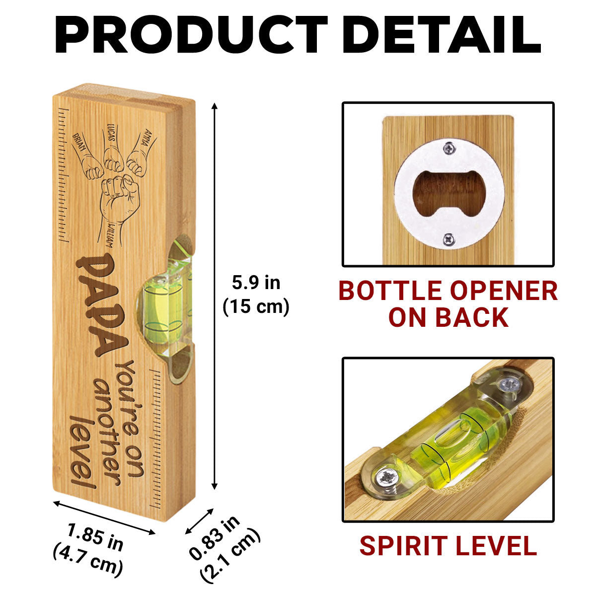 Papa Fist Bump - Personalized Engraved Wooden Spirit Level Bottle Opener