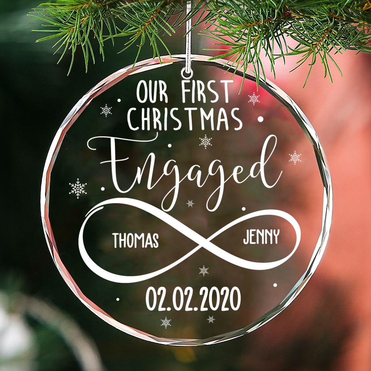 Custom First Christmas Ornament Married, Gift for Newlyweds •  First Christmas Engaged - Personalized Glass Ornament