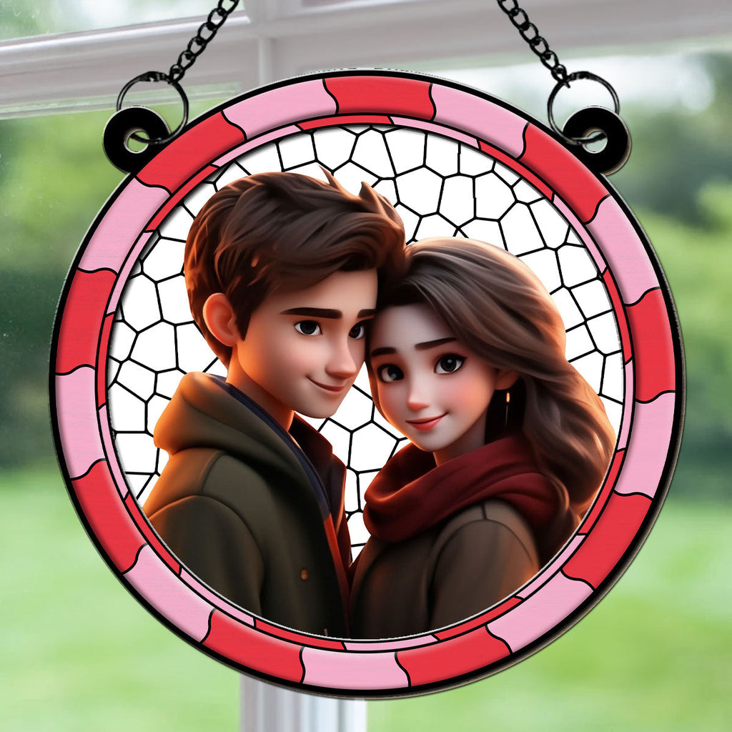 Custom Photo Couple Hanging Decor, Anniversary Valentine's Day Gifts • Cartoon There Is Love - Personalized Suncatcher