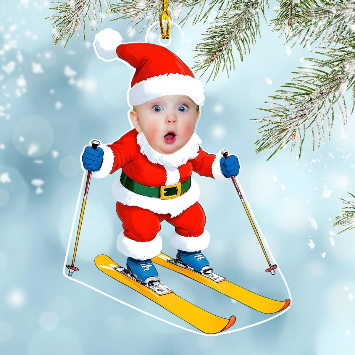 Custom Photo Baby Christmas Ornament for New Parents • Skiing Christmas - Personalized Acrylic Ornament