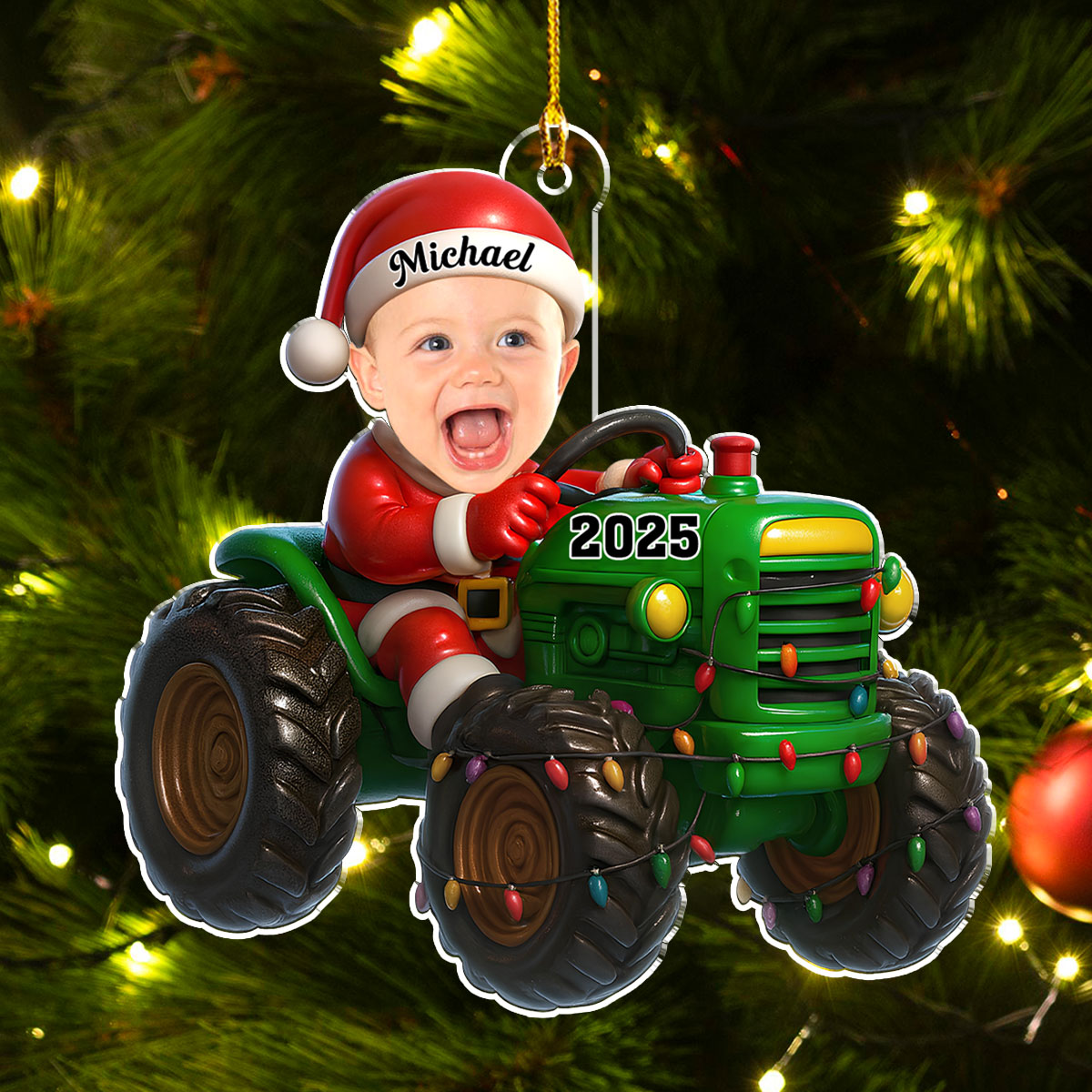 Custom Photo Baby Christmas Ornament for New Parents • Tractor Driver - Personalized Acrylic Ornament