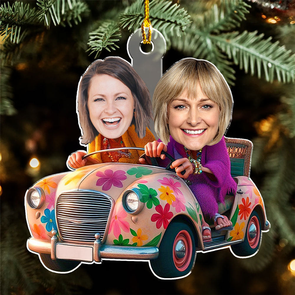 Custom Photo Friendship Christmas Ornament, Best Friend Gift • Bestie In Car - Personalized Acrylic Ornament