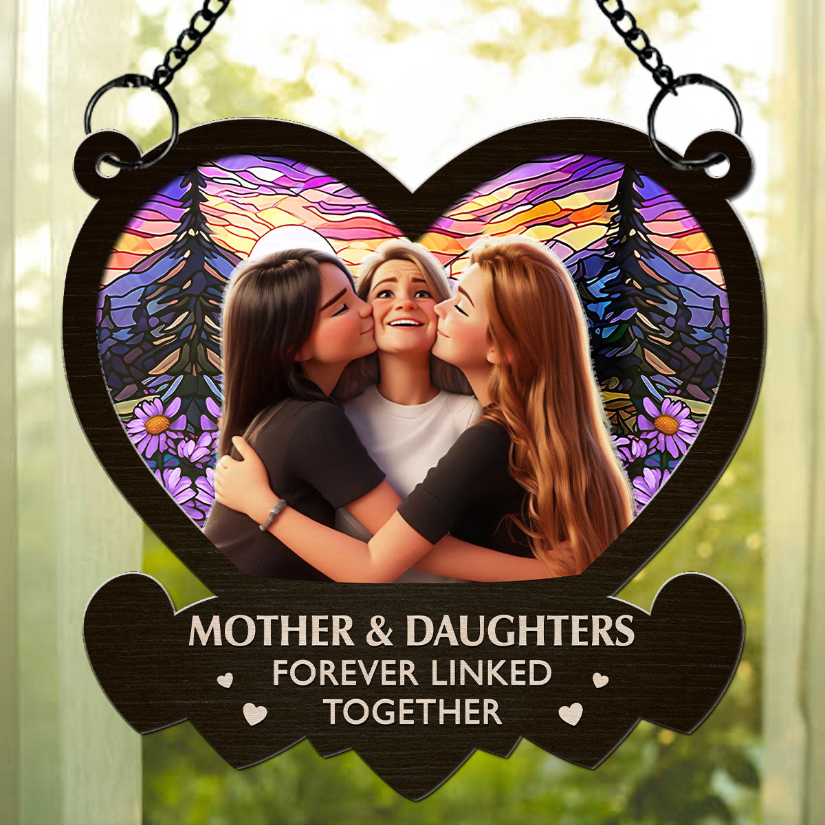 Custom Photo Hanging Decor for Mom Daughter, Mother's Day Birthday Gifts • The Link Between Mother And Daughter Cartoon - Personalized Suncatcher