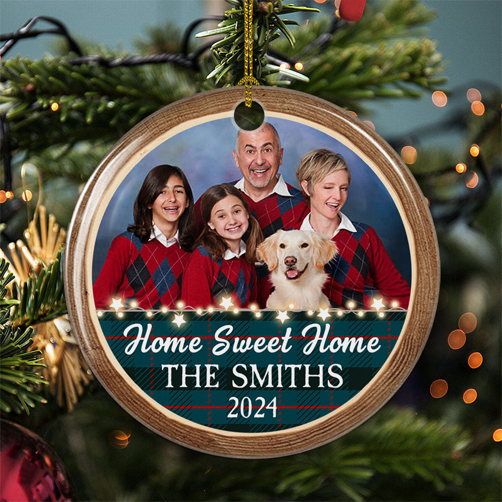 Custom Photo Family Ornament, Christmas Gift for Family Members • Home Sweet Home - Personalized Circle Ceramic Christmas Ornament