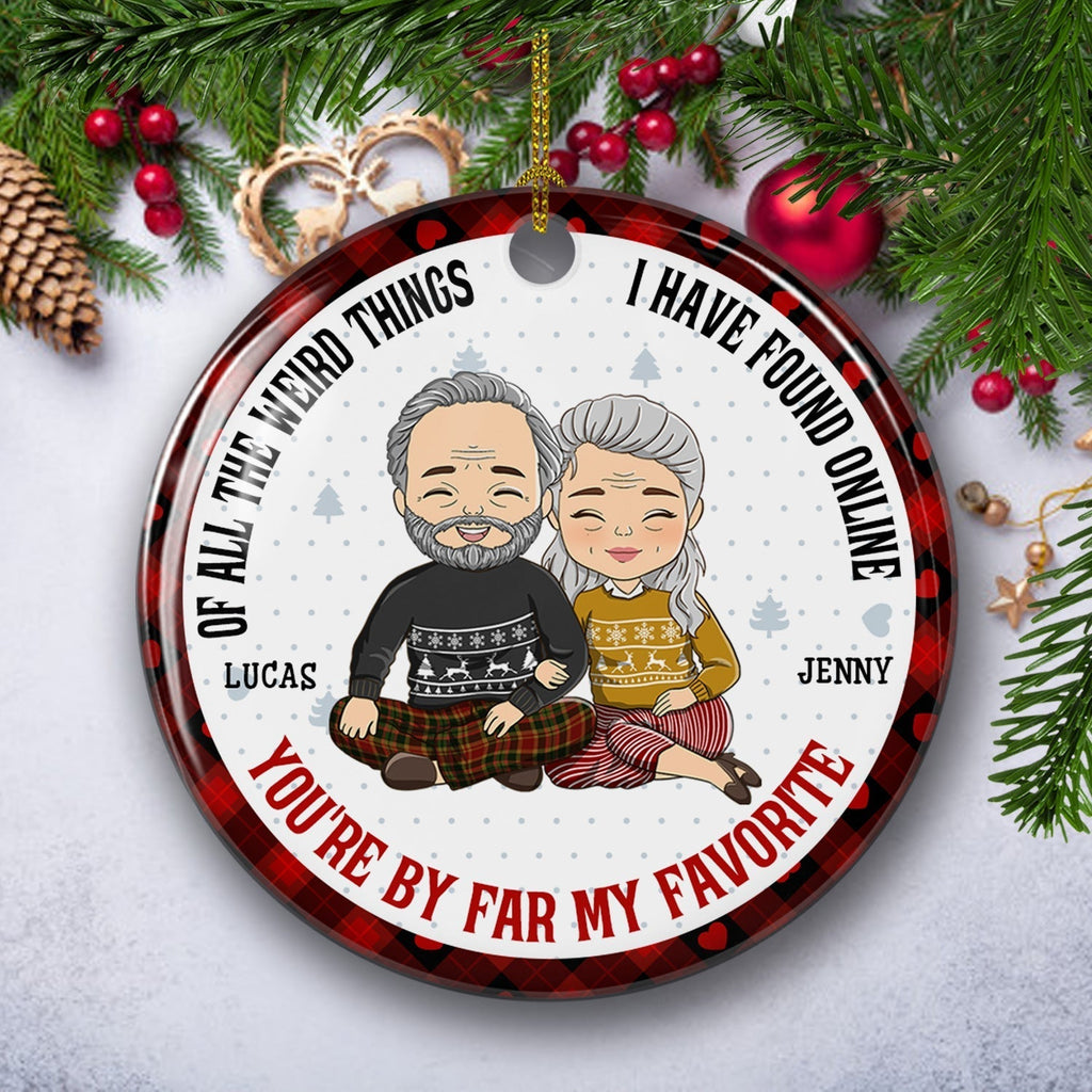 Custom Couple Christmas Ornament, Anniversary Gift •  My Favorite By Far - Personalized Circle Ceramic Christmas Ornament