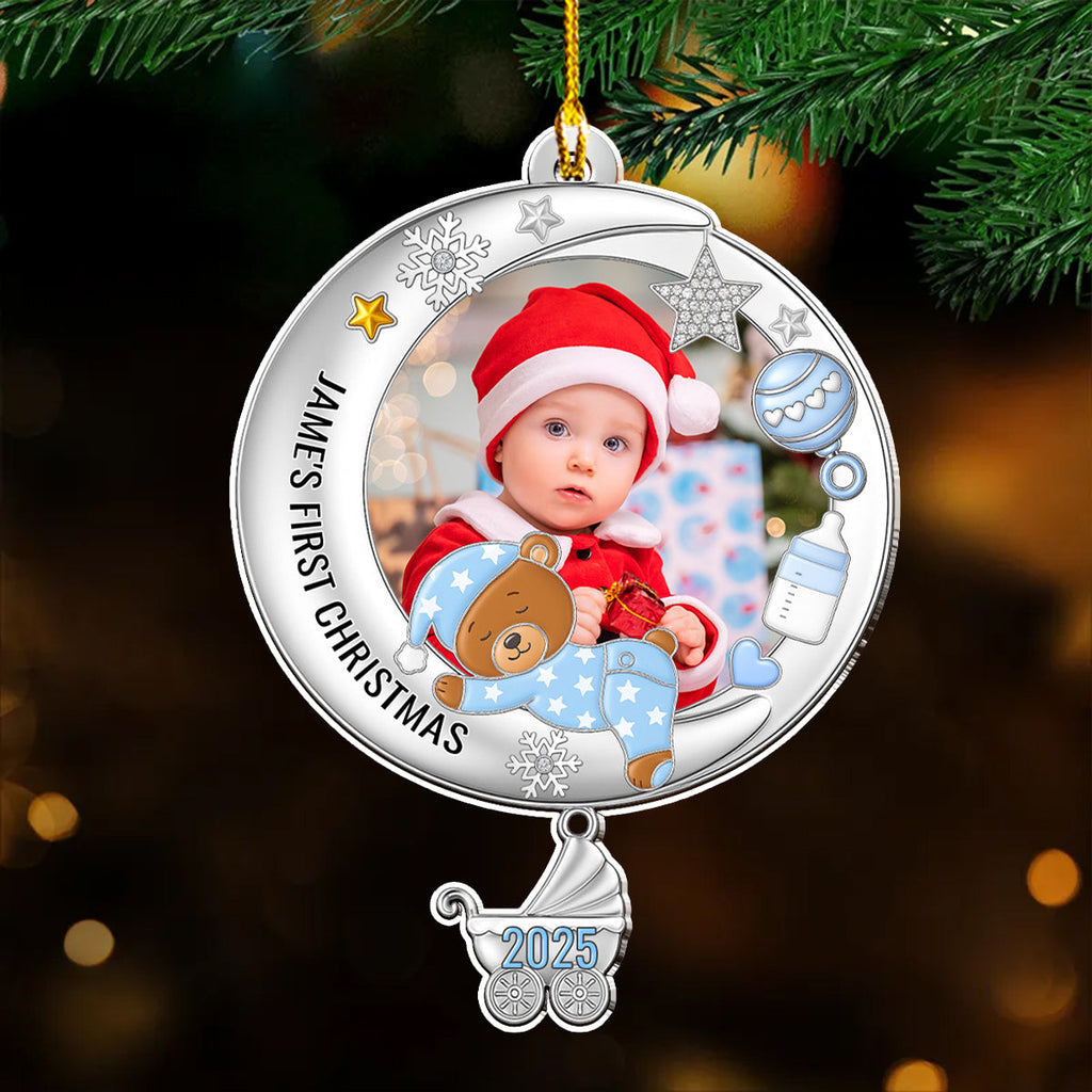 Custom Photo Baby First Christmas Ornament for New Parents • Cute Baby In The Moon Christmas - Personalized Acrylic Ornament