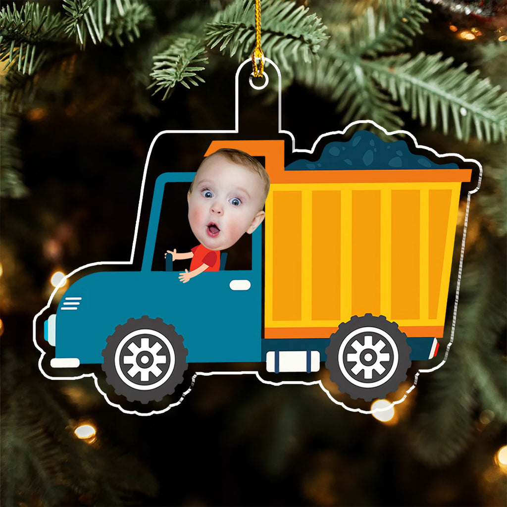 Custom Photo Family Ornament, Christmas Gift for Family Members • Christmas Boy Riding Construction Vehicle - Personalized Acrylic Ornament
