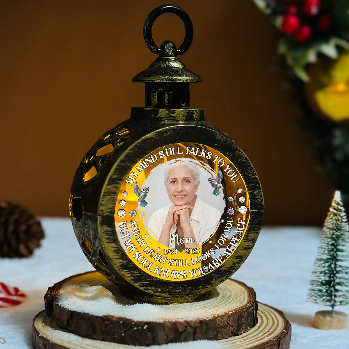 Custom Photo Memorial Christmas Night Light, Remembrance Gifts • My Mind Still Talks To You - Personalized Christmas Lantern