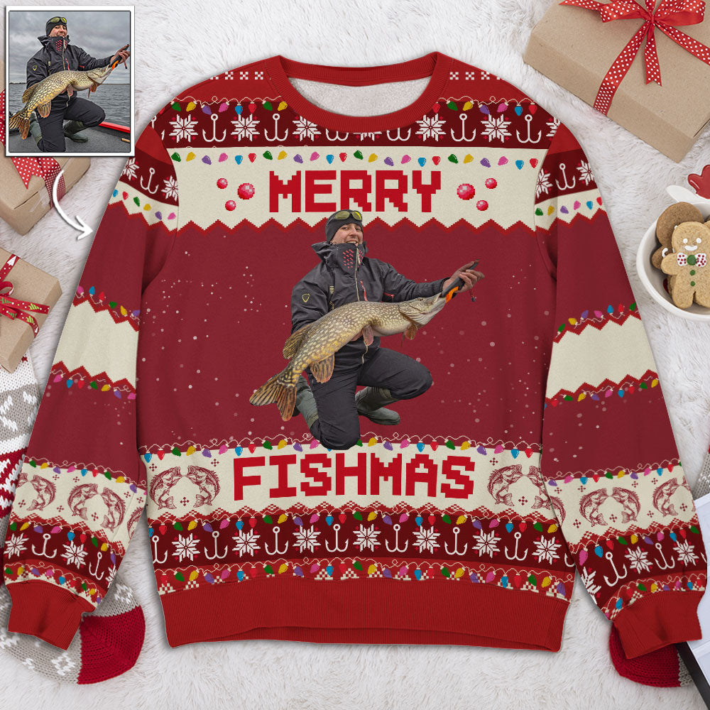 Custom Photo Couple Christmas Sweatshirt, Anniversary Gift • Merry Fishmas - Personalized All-Over-Print Sweatshirt