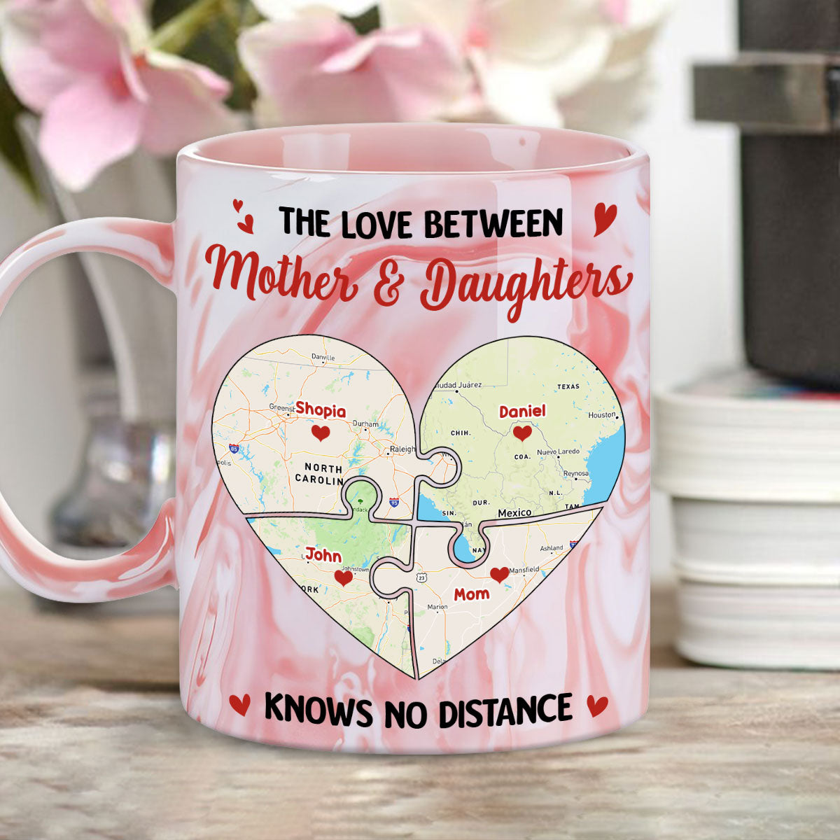Custom Mother's Day Gift for Mom & Grandma • Mother And Daughter No Distance - Personalized Pink Marble Mug