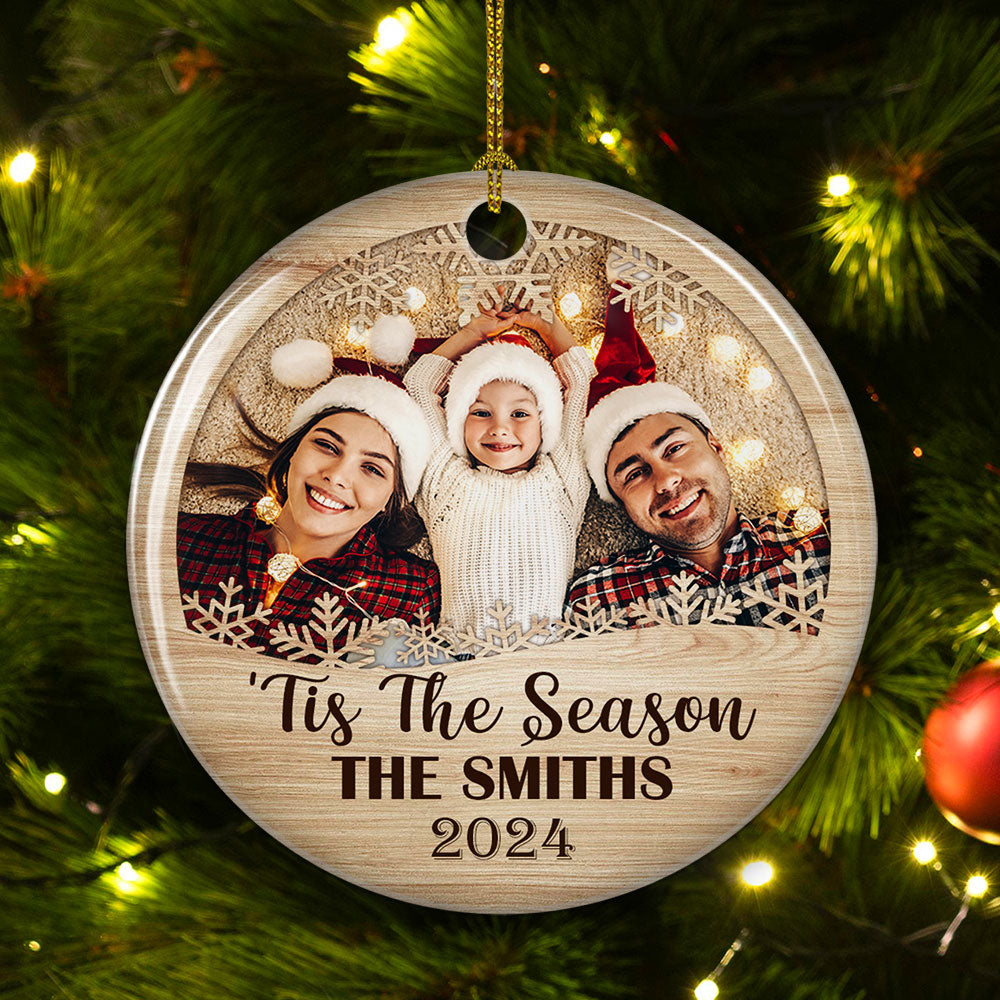 Custom Photo Family Ornament, Christmas Gift for Family Members • Family, Tis The Season - Personalized Circle Ceramic Ornament