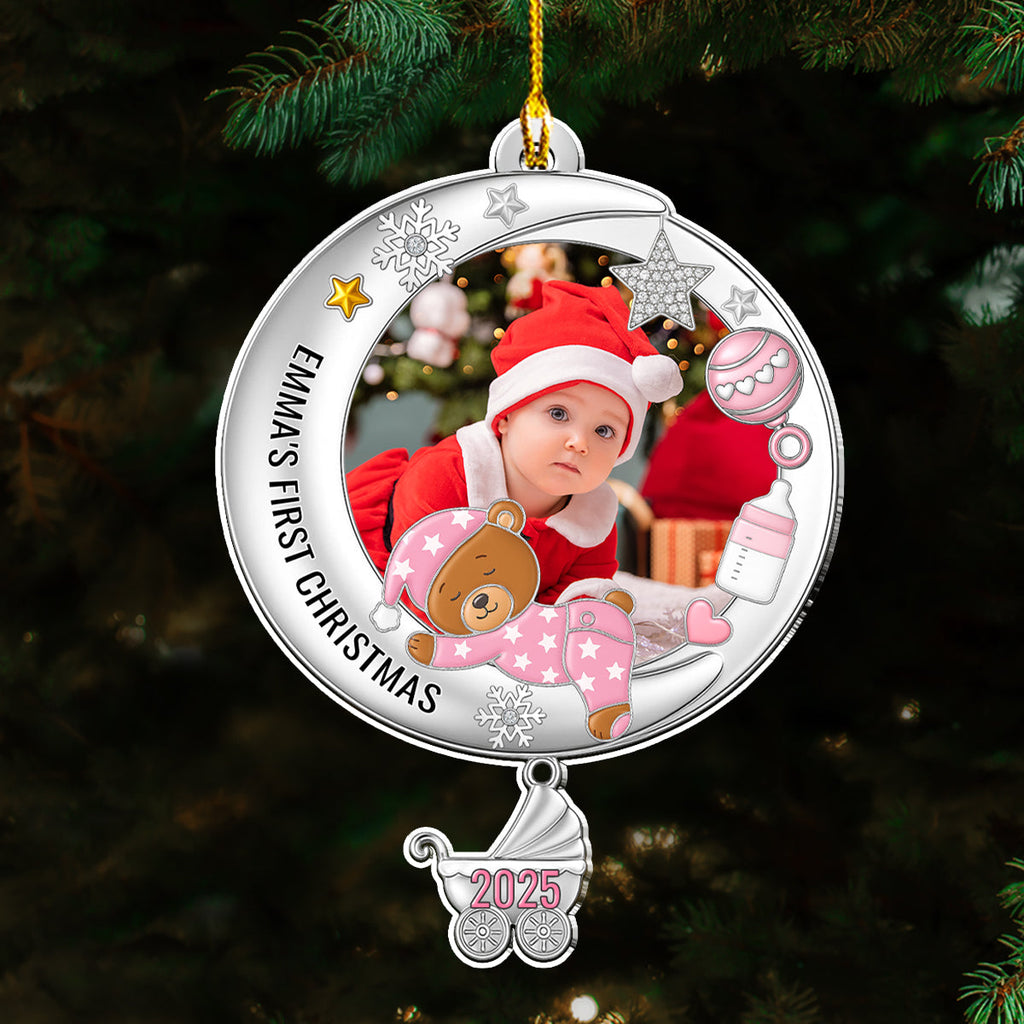 Custom Photo Baby First Christmas Ornament for New Parents • Cute Baby In The Moon Christmas - Personalized Acrylic Ornament