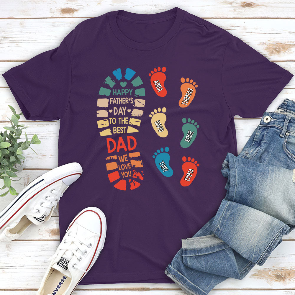 Custom Christmas & Birthday Gift for Dad, Grandpa • Dad And Kids Footprints Names - Personalized Shirt