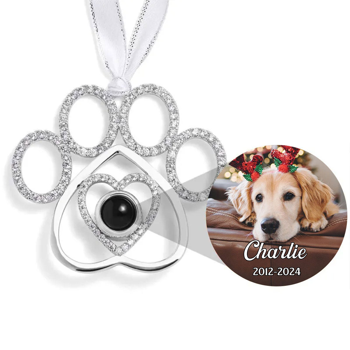 Custom Photo Keepsake Christmas Ornament • You Left Your Paw Prints On My Heart - Personalized Photo Pet Paw Projection Ornament