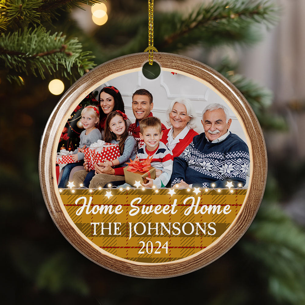 Custom Photo Family Ornament, Christmas Gift for Family Members • Home Sweet Home - Personalized Circle Ceramic Christmas Ornament