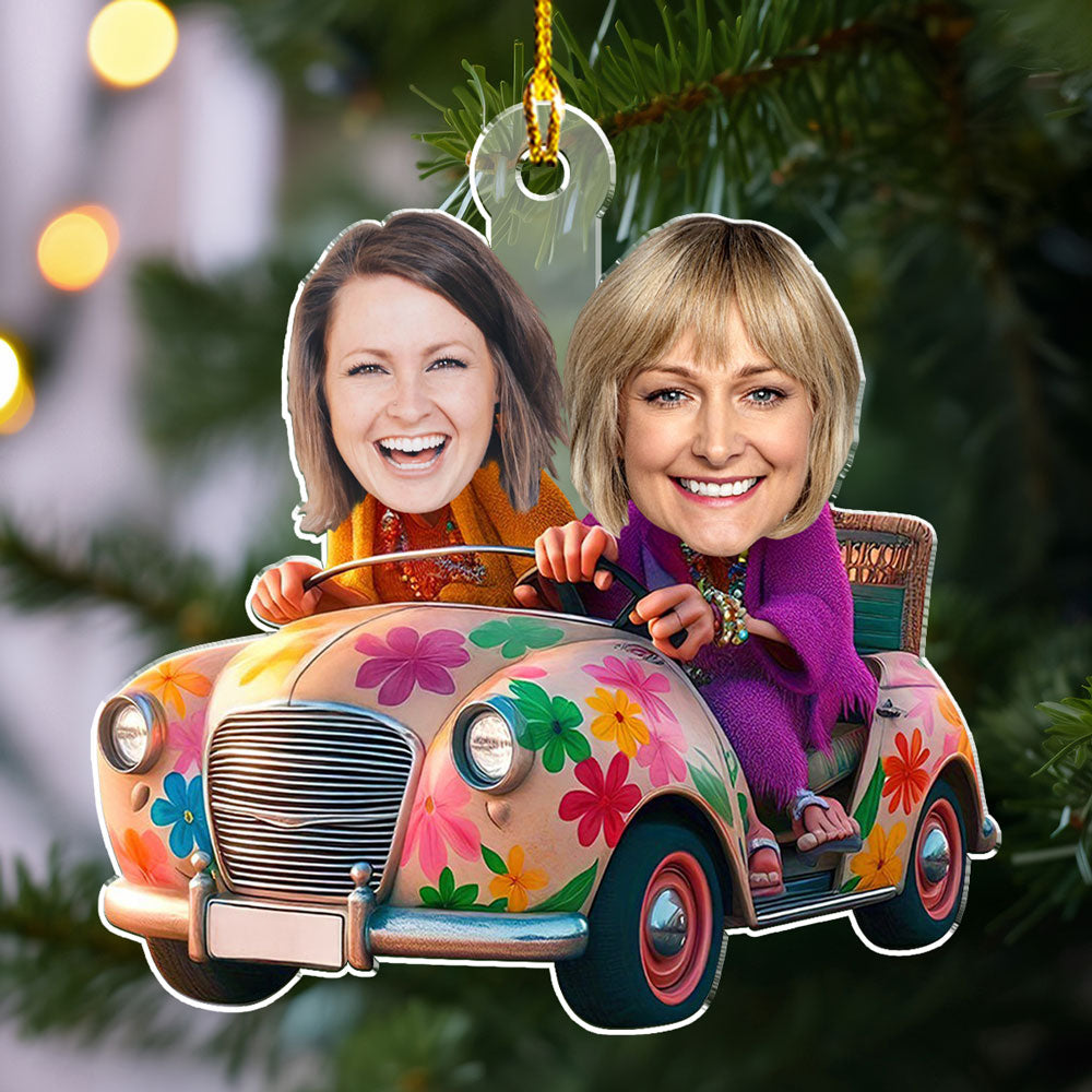 Custom Photo Friendship Christmas Ornament, Best Friend Gift • Bestie In Car - Personalized Acrylic Ornament