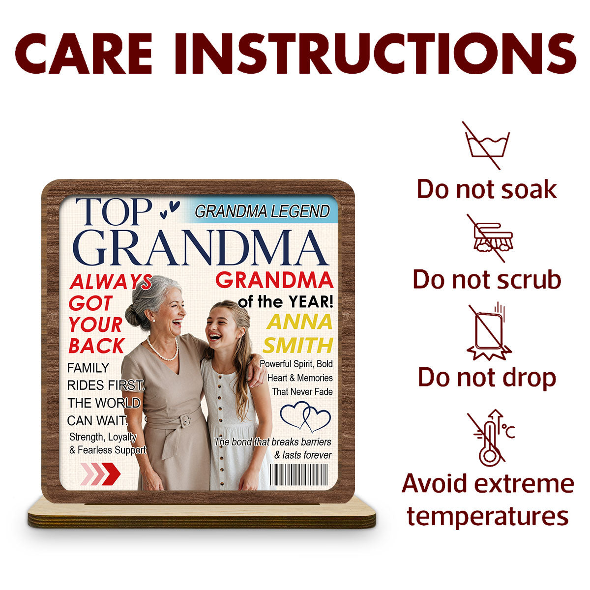 Custom Decor for Mom, Special Gift for Mother • Top Grandma - Personalized 2-Layer Wood Plaque With Flat Base