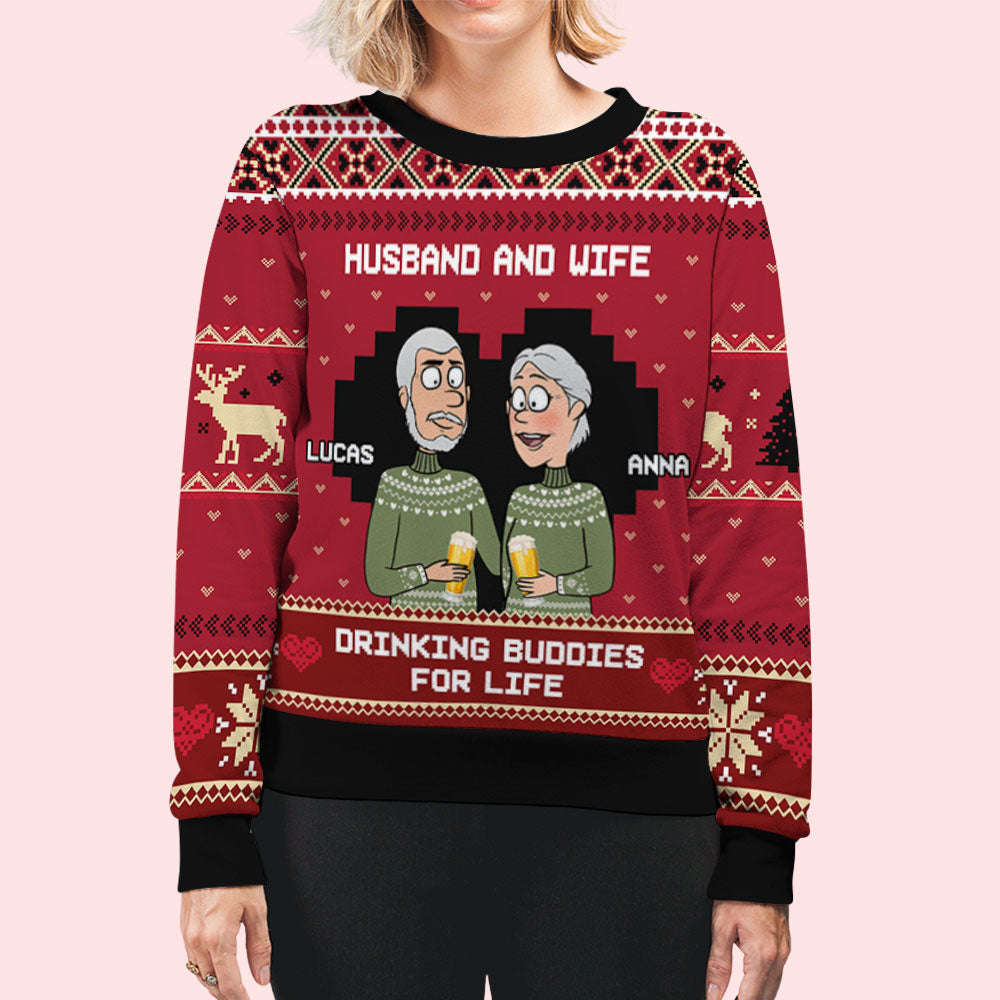 Custom Couple Christmas Sweatshirt, Anniversary Gift • Drink Buddies - Personalized All-Over-Print Sweatshirt