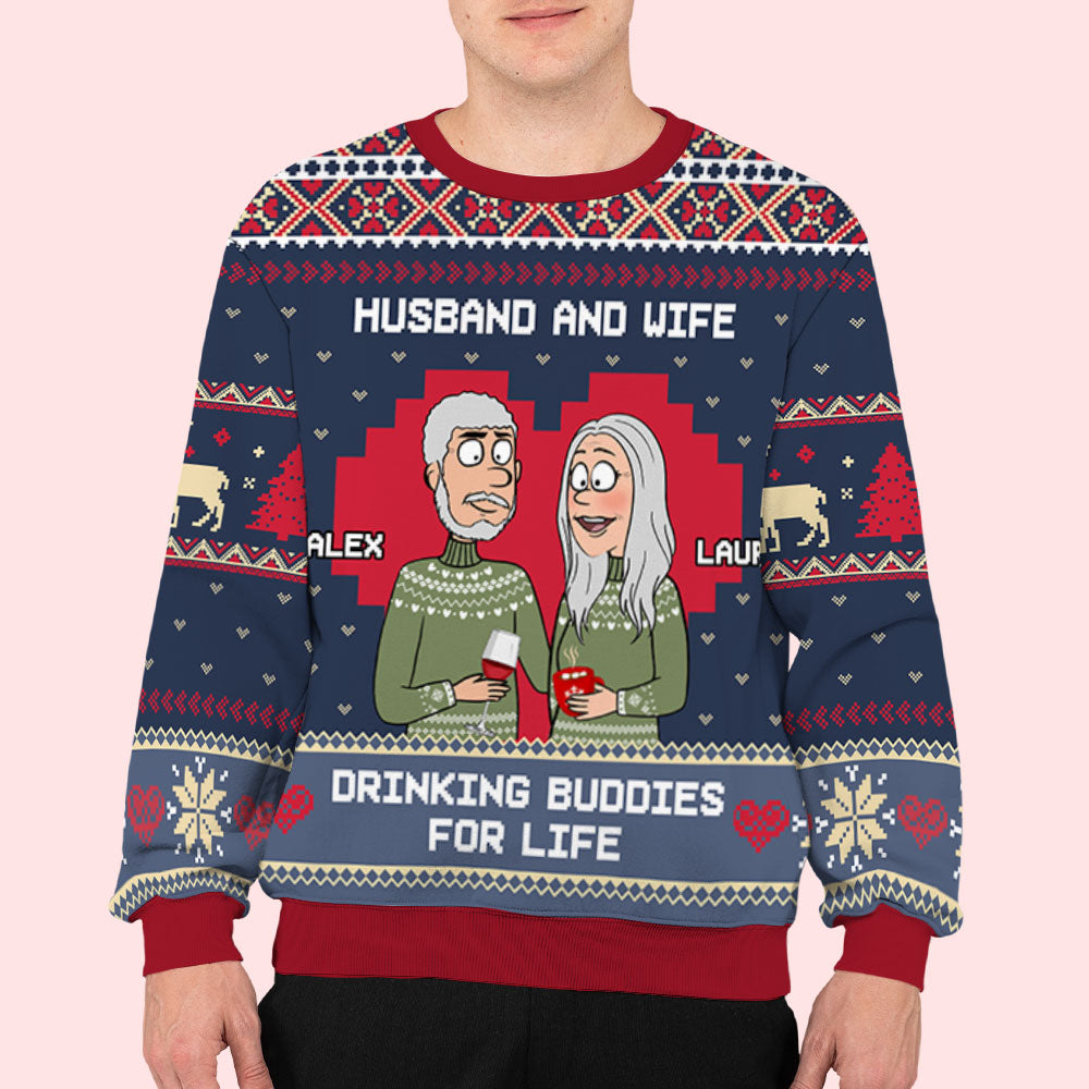 Custom Couple Christmas Sweatshirt, Anniversary Gift • Drink Buddies - Personalized All-Over-Print Sweatshirt