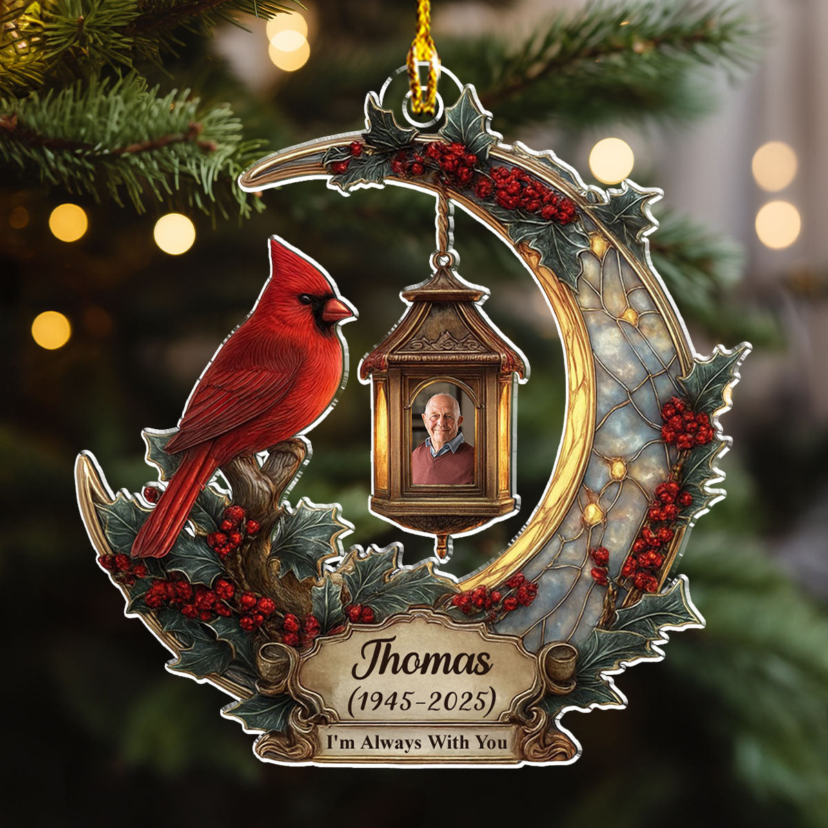 Custom Photo Memorial Christmas Ornament, Sympathy Keepsake • In Loving Memory Cardinal Lantern - Personalized Acrylic Ornament
