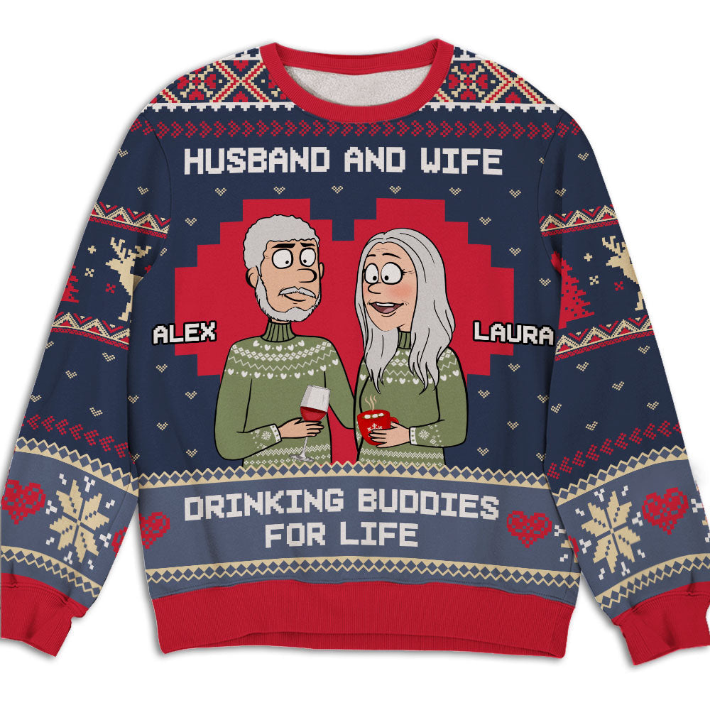 Custom Couple Christmas Sweatshirt, Anniversary Gift • Drink Buddies - Personalized All-Over-Print Sweatshirt