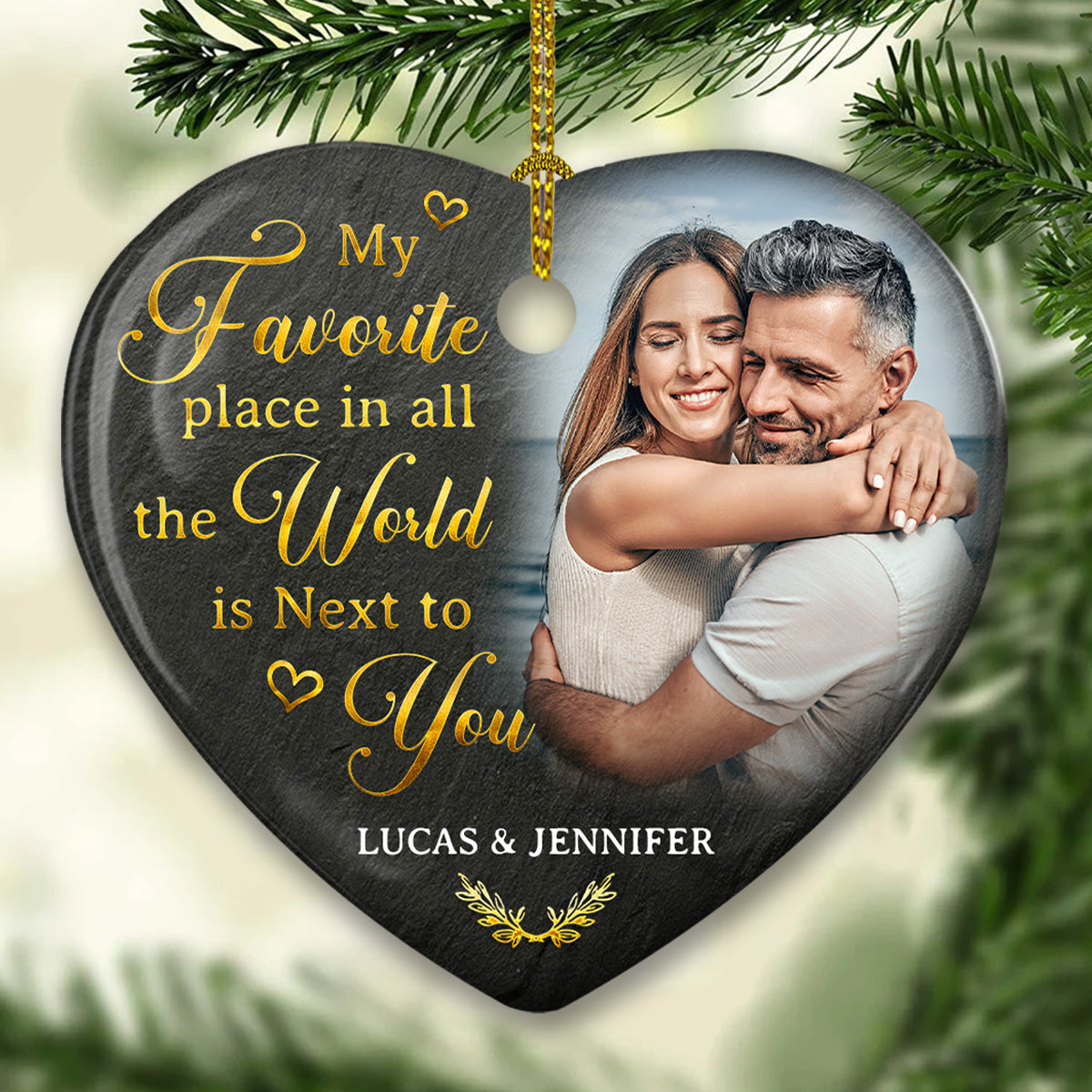 Custom Photo Couple Christmas Ornament, Anniversary Gift • My Favorite Place Is Next To You - Personalized Heart Ceramic Ornament