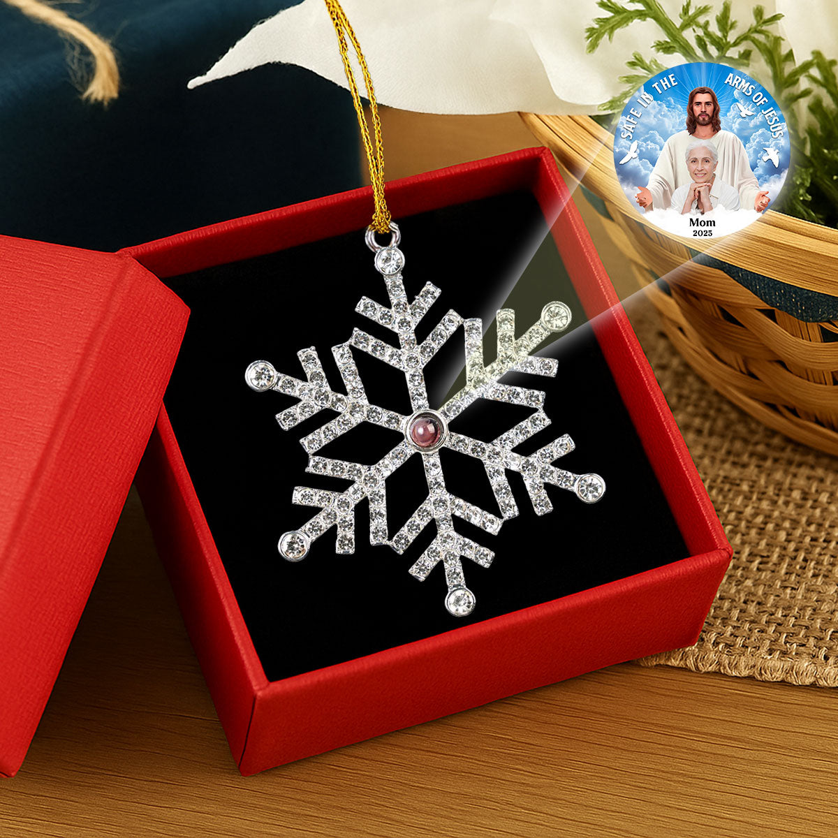 Custom Photo Memorial Christmas Ornament, Sympathy Keepsake • Safe In The Arms Of Jesus - Personalized Photo Snowflake Projection Ornament