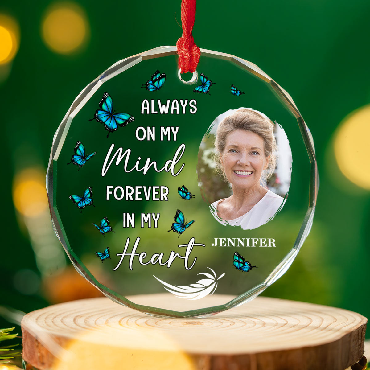 Custom Photo Memorial Christmas Ornament, Sympathy Keepsake • Always On My Mind - Personalized Glass Ornament