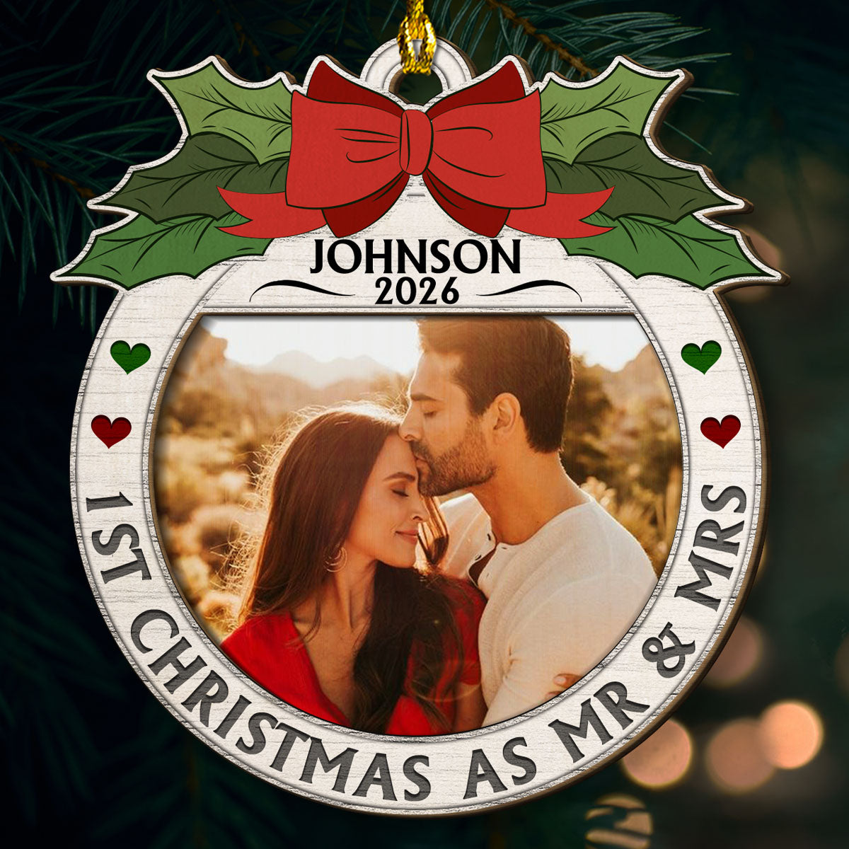 Custom Photo First Christmas Ornament Married, Gift for Newlyweds • First Christmas Married - Personalized 2-layered Wood Ornament