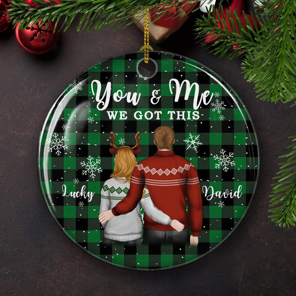 Custom Couple Christmas Ornament, Anniversary Gift •  You And Me 2 - Personalized Circle Ceramic Christmas Ornament
