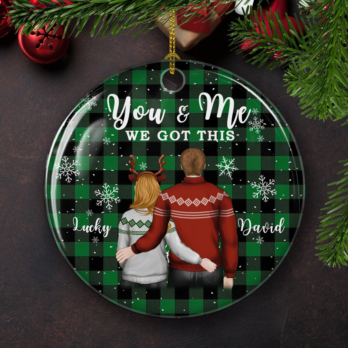 Custom Couple Christmas Ornament, Anniversary Gift •  You And Me 2 - Personalized Circle Ceramic Christmas Ornament