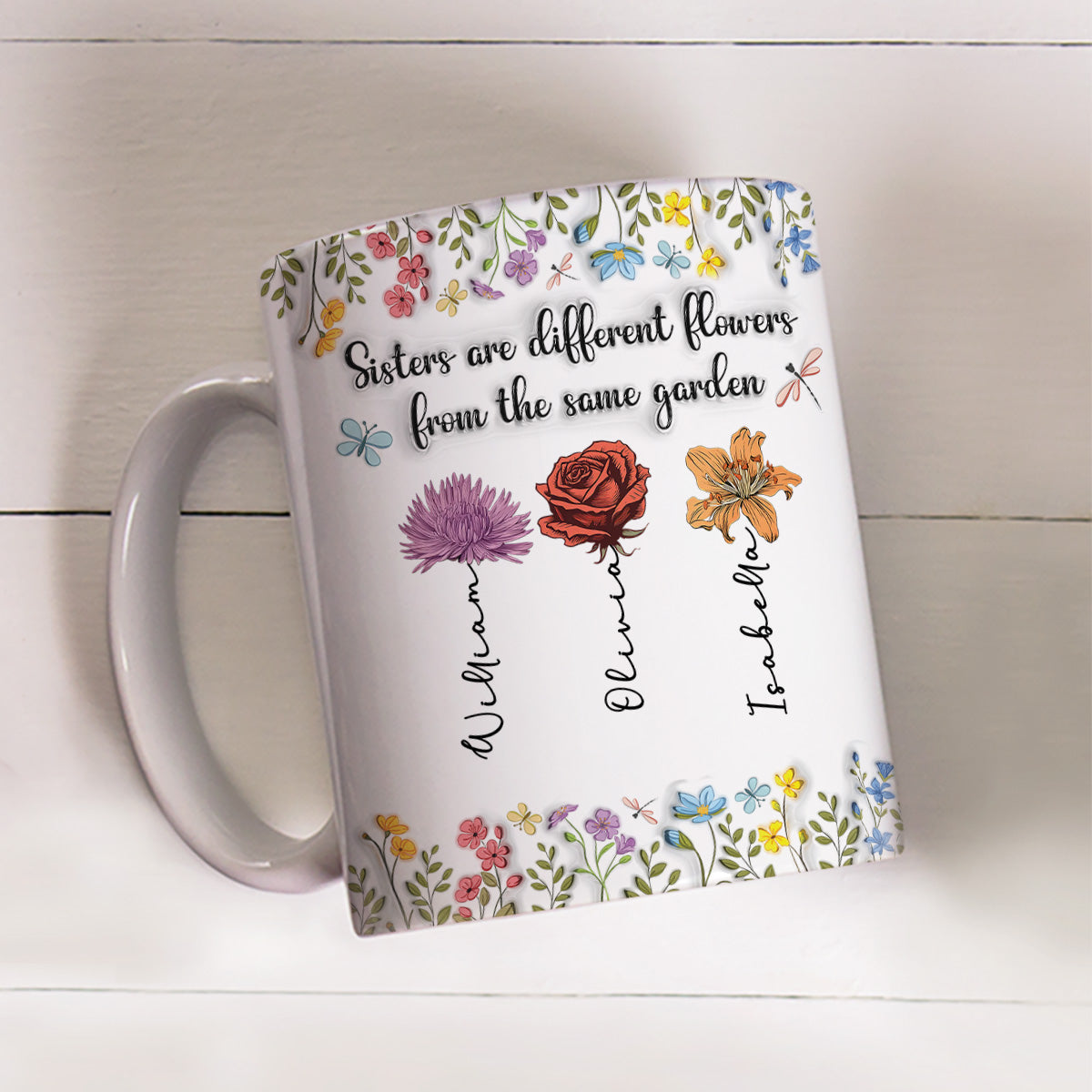 Custom Christmas & Birthday Gift For Sister • Sisters Are Different Flowers From The Same Garden - Personalized 3D Inflated Effect Coffee Mug