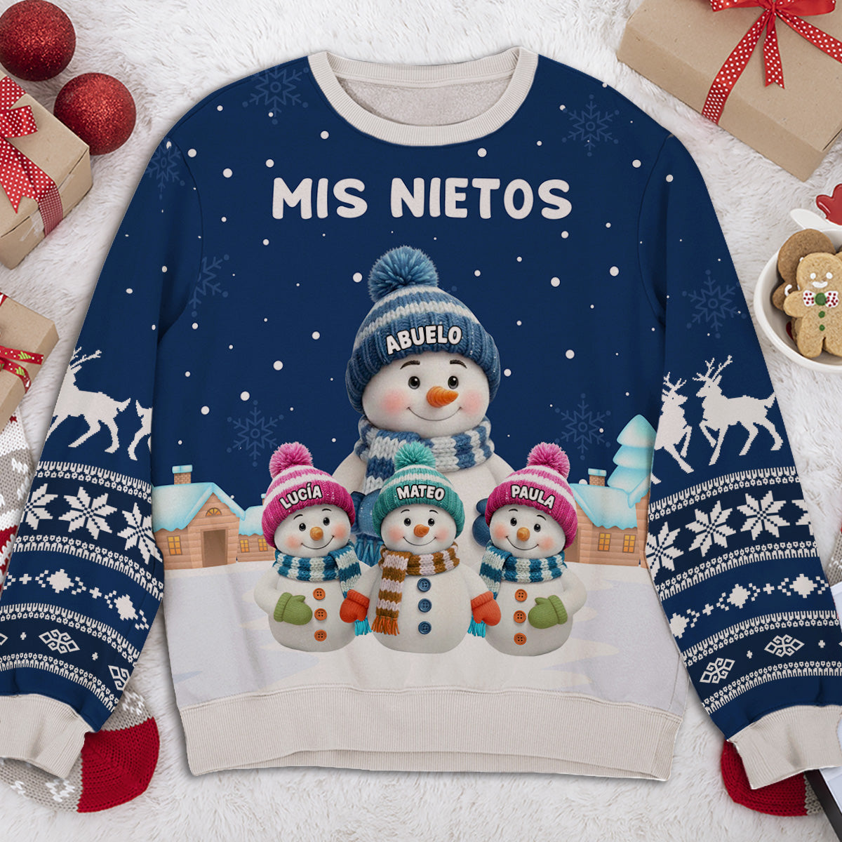 Custom Grandma Christmas Sweatshirt, Gift for Mothers • Los Nietos Tejen - Sudadera Personalizada Con Estampado Integral