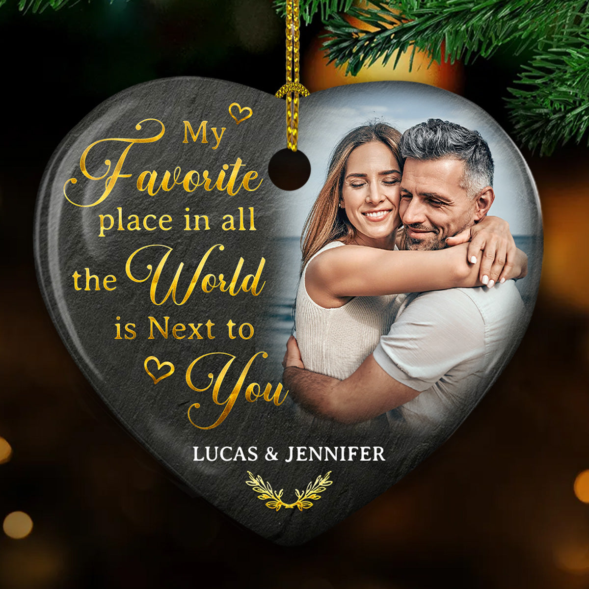 Custom Photo Couple Christmas Ornament, Anniversary Gift • My Favorite Place Is Next To You - Personalized Heart Ceramic Ornament