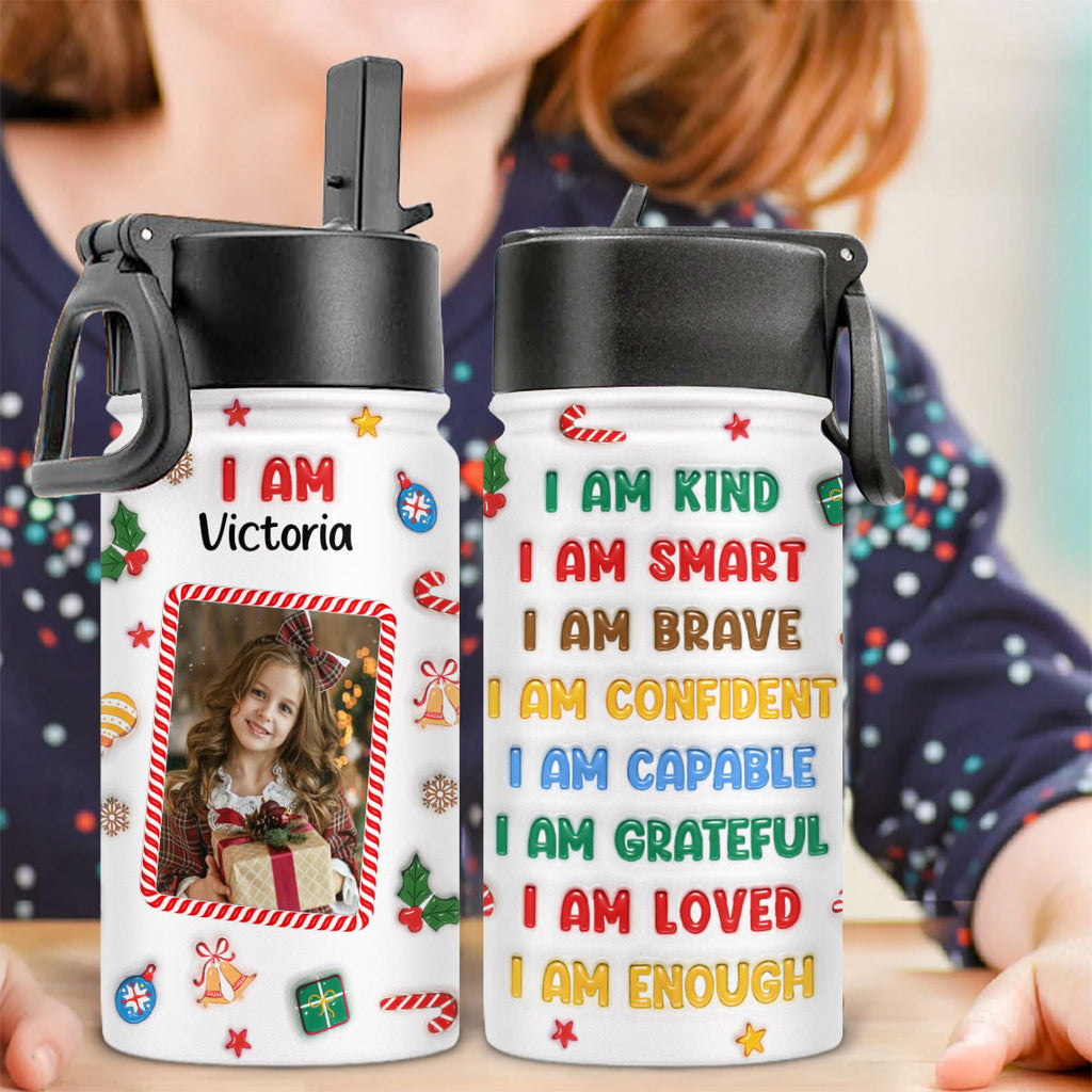 Kind Smart Loved Christmas Photo - Personalized 3D Inflated Effect Kids Water Bottle