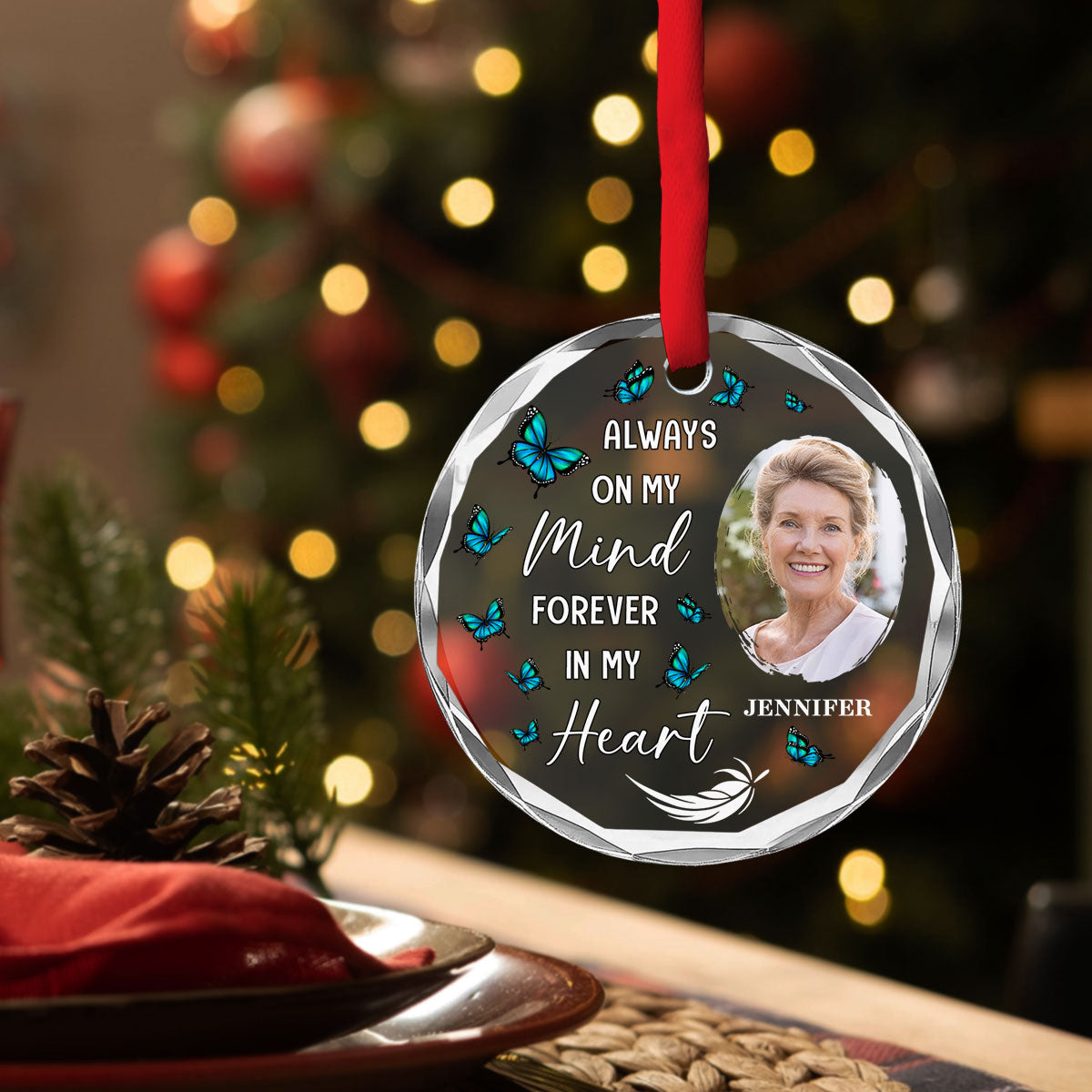 Custom Photo Memorial Christmas Ornament, Sympathy Keepsake • Always On My Mind - Personalized Glass Ornament