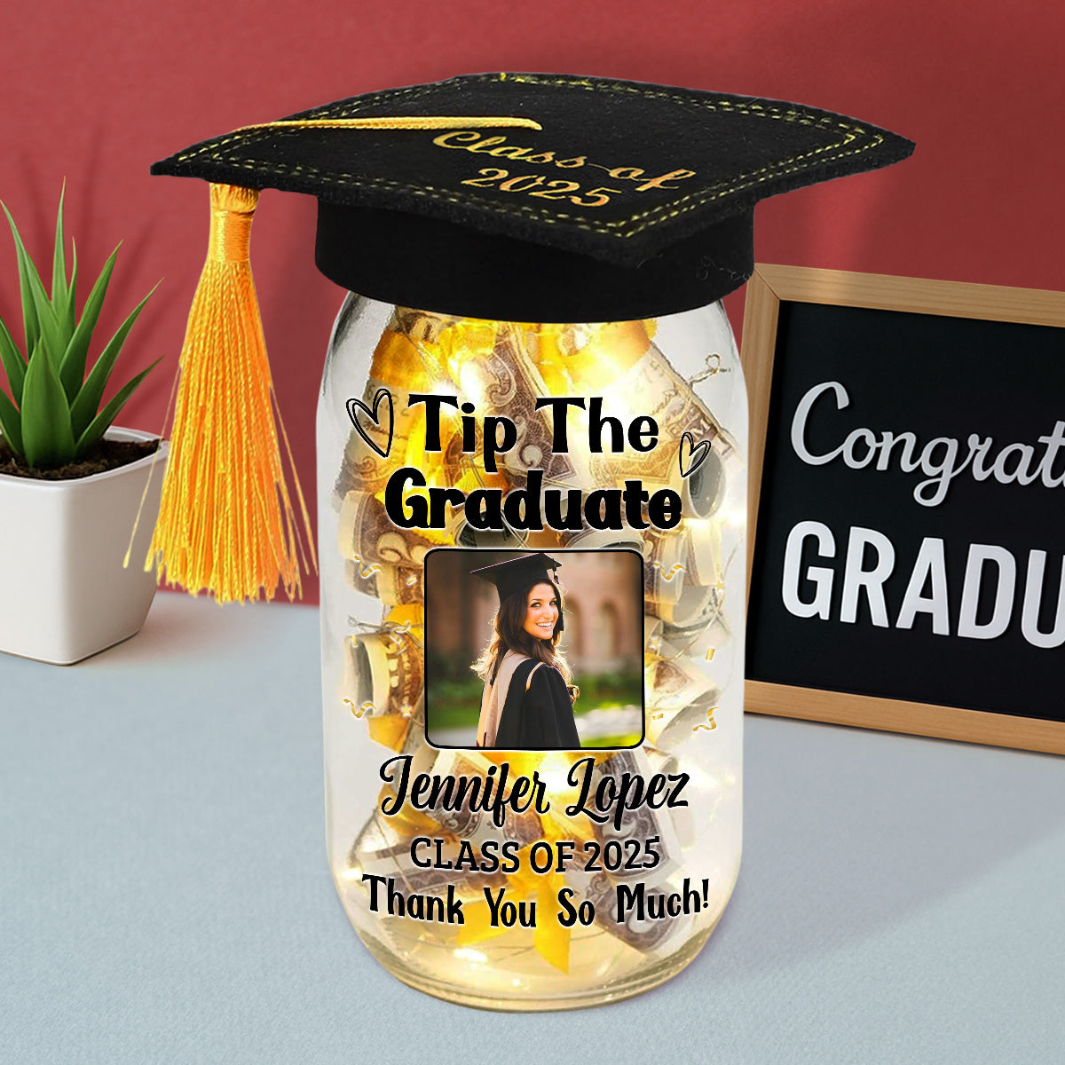 Tip The Graduate Thank You - Personalized Graduation Mason Jar Light