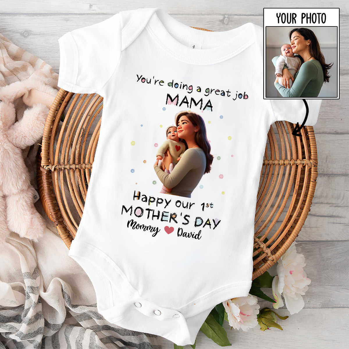 Mommy Doing A Great Job Photo Cartoon - Personalized Baby Onesie