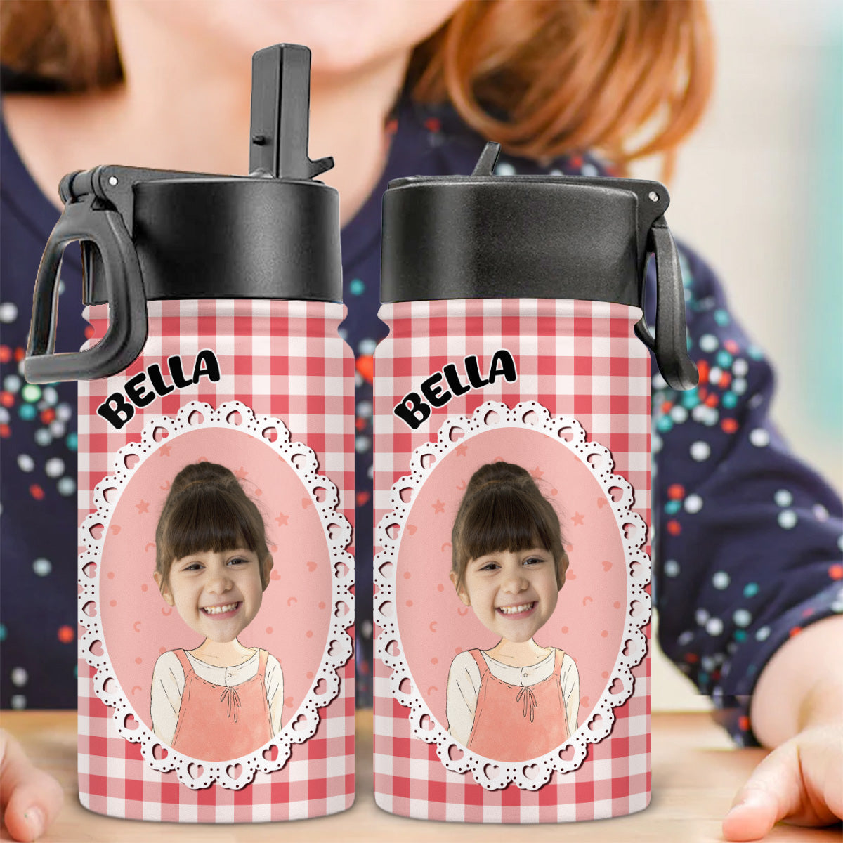 Cute Kid In Red - Personalized 3D Inflated Effect Kids Water Bottle
