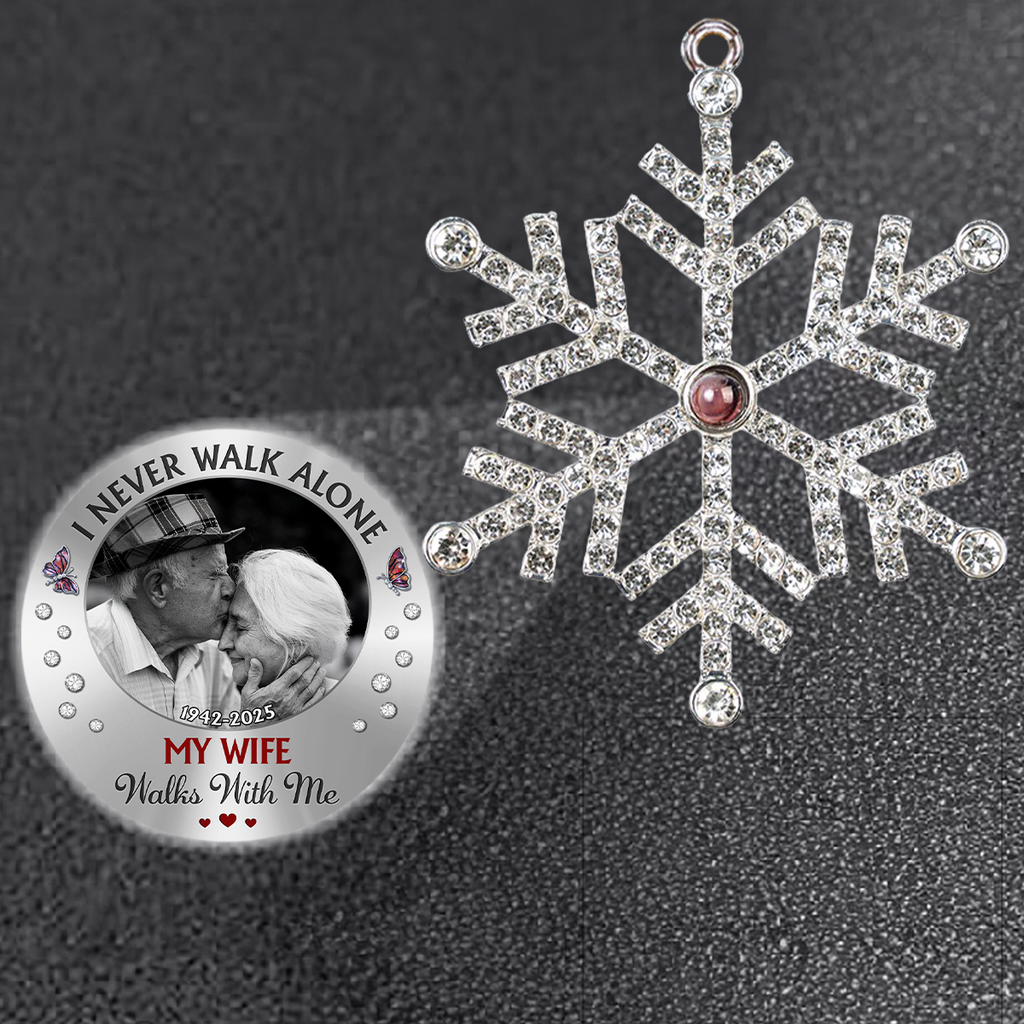 Custom Photo Memorial Christmas Ornament, Sympathy Keepsake • I Never Walk Alone - Personalized Photo Snowflake Projection Ornament
