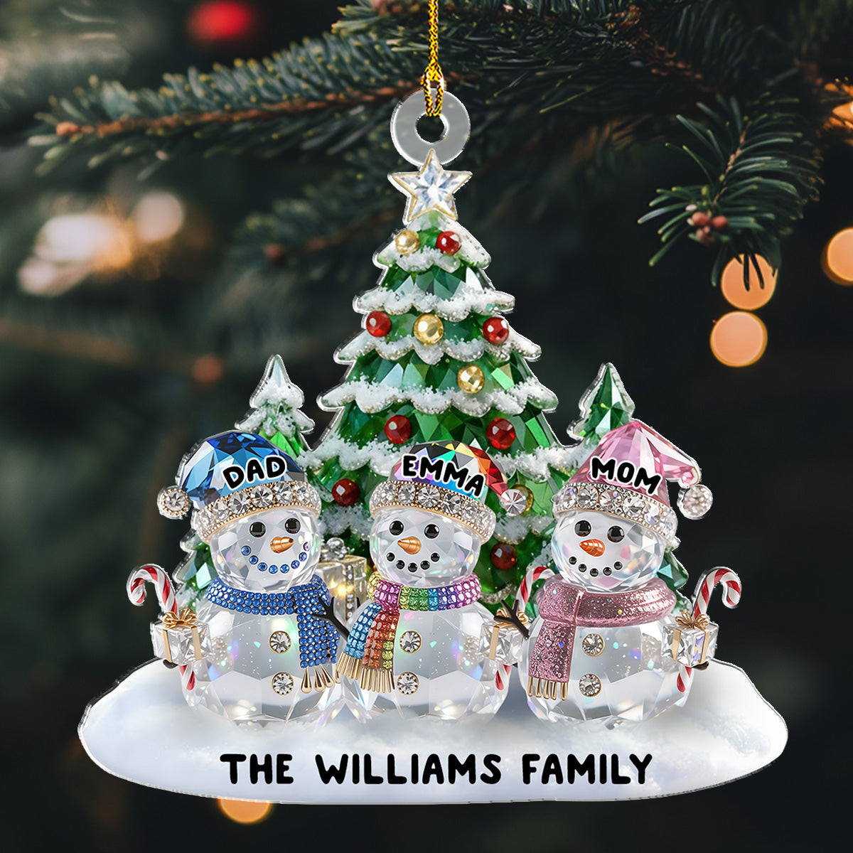 Custom Family Ornament, Christmas Gift for Family Members •  Elegant Glass Snowman Family - Personalized Acrylic Ornament
