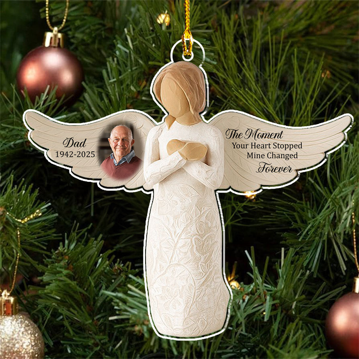 Custom Photo Memorial Christmas Ornament, Sympathy Keepsake • Wings Of Remembrance - Personalized Acrylic Ornament