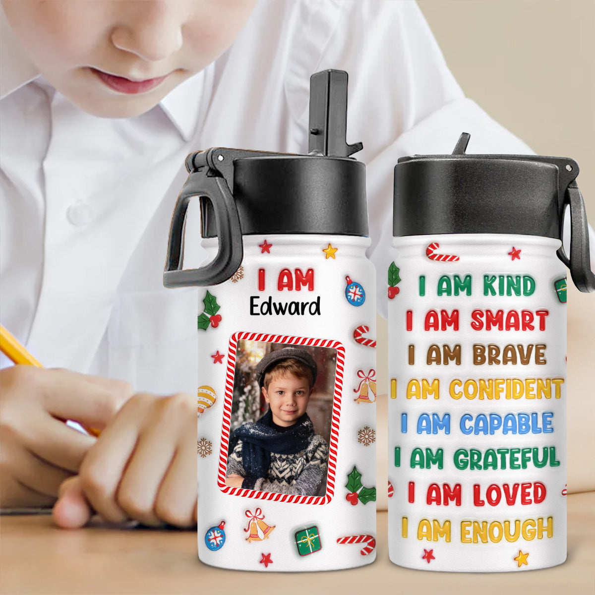 Kind Smart Loved Christmas Photo - Personalized 3D Inflated Effect Kids Water Bottle