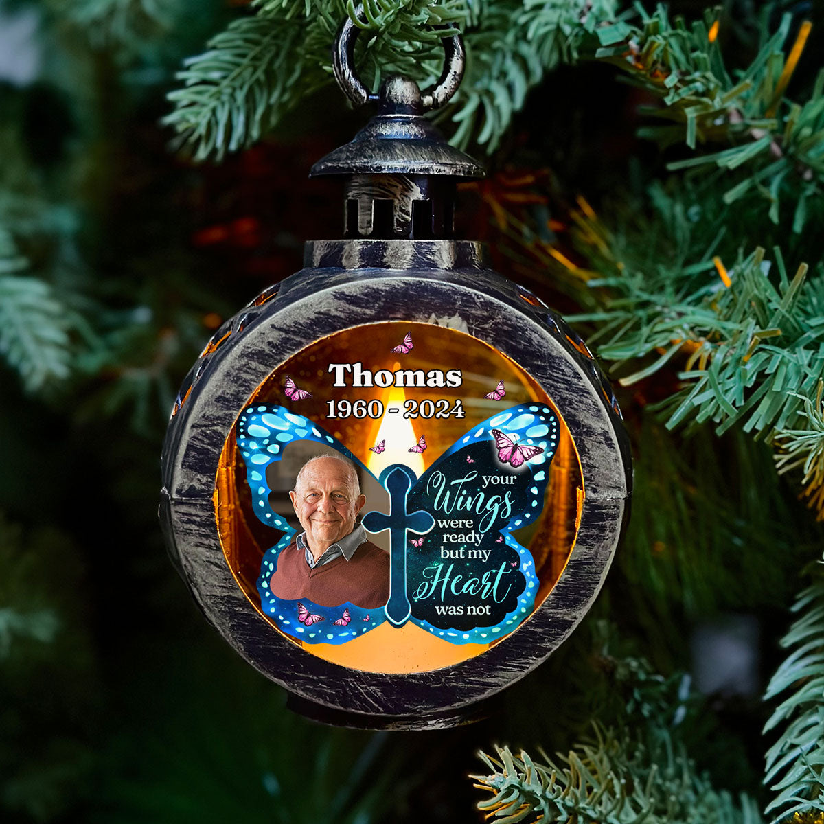 Custom Photo Memorial Christmas Night Light, Remembrance Gifts • Your Wings Were Ready - Personalized Christmas Lantern