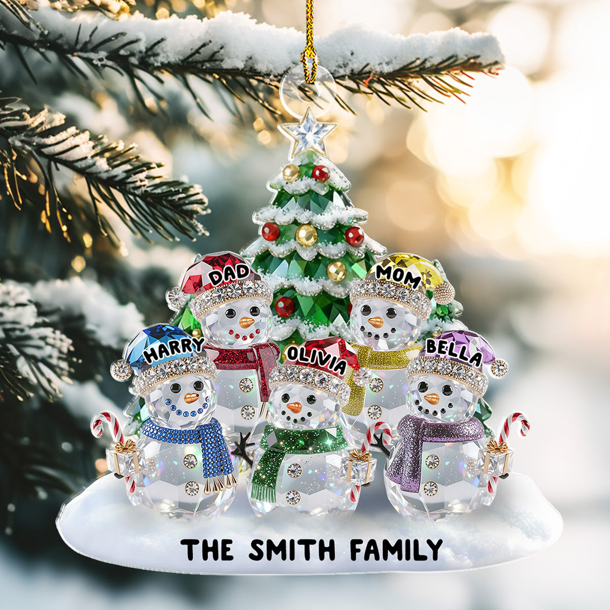 Custom Family Ornament, Christmas Gift for Family Members •  Elegant Glass Snowman Family - Personalized Acrylic Ornament