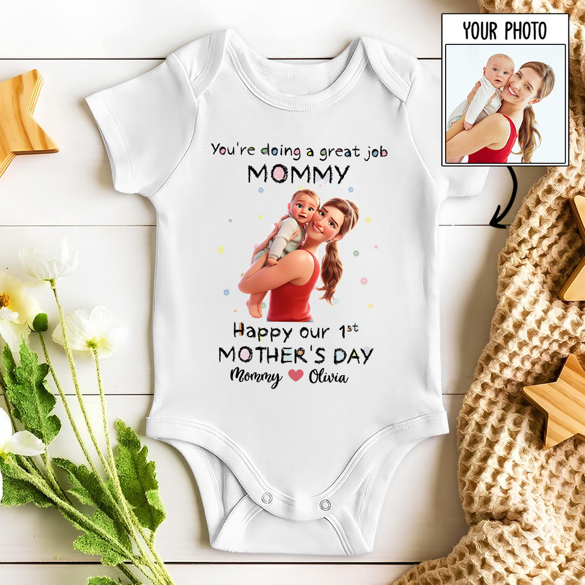 Mommy Doing A Great Job Photo Cartoon - Personalized Baby Onesie