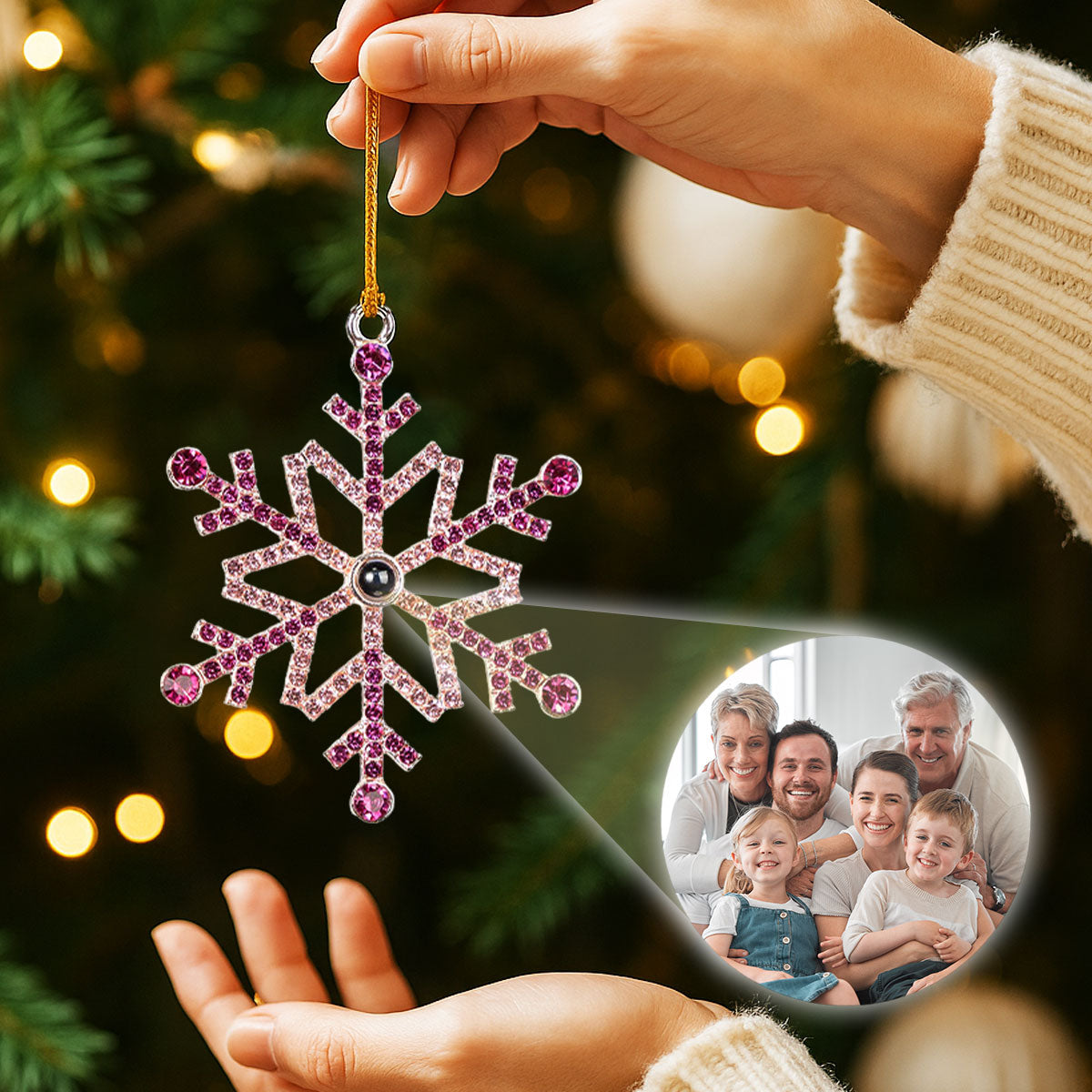 Custom Photo Family Ornament, Christmas Gift for Family Members • Our Family Moment - Personalized Photo Snowflake Projection Ornament