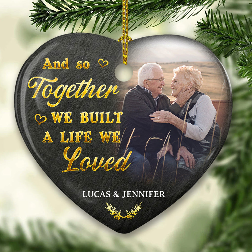 Custom Photo Couple Christmas Ornament, Anniversary Gift • My Favorite Place Is Next To You - Personalized Heart Ceramic Ornament